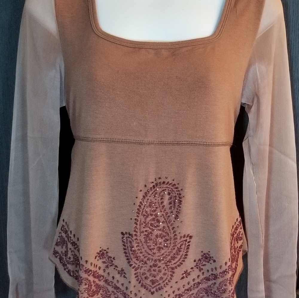 Cocoa color beaded top with sheer sleeves.